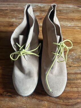 Cole Haan Taupe Suede Ankle Booties with Lime Green Laces